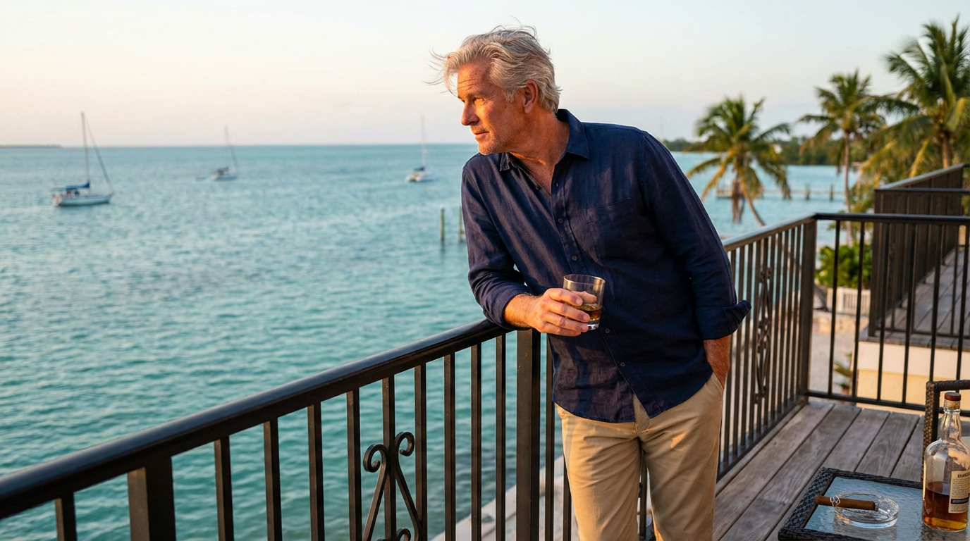Man renewed with quiet confidence overlooking Florida Keys